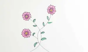 Un dessin facile pour enfant : trois jolies fleurs roses aux cœurs jaunes, avec des tiges vertes et des feuilles.