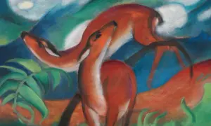 Chevreuils roux dans un paysage bleu et vert, dans le style de Franz Marc.