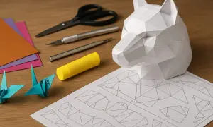 Papier, ciseaux, colle et patron boite paques pour créer une tête de loup géométrique.