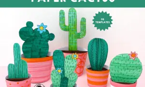 Plusieurs cactus en papier aux formes variées, certains décorés de fleurs, sont présentés dans des pots colorés.