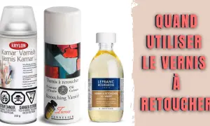 Trois produits : vernis aérosol Krylon, vernis à retoucher Turner Sennelier et vernis à retoucher Lefranc Bourgeois. Le texte indique "Quand utiliser le vernis à retoucher".