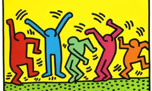 Un artiste bonhomme coloré, avec des silhouettes vives dansant sur un fond jaune.