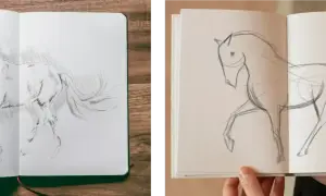 Deux croquis sur le vif de chevaux dans un carnet ouvert. L'un est détaillé, l'autre est une esquisse rapide.