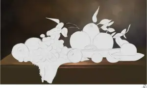 Un dessin nature morte moderne esquisse des fruits sur une table, avec des raisins, des oranges et des feuilles.