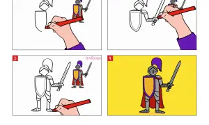 Étapes pour un dessin chevalier facile : esquisse, ajout des détails, coloriage. Un chevalier prêt pour l'aventure !