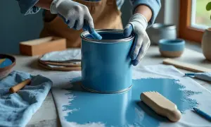 Gants bleus et blancs, mains tenant un pinceau pour mélanger la peinture bleue dans un gros pot. Préparation pour peindre.