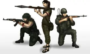 Trois soldats en tenue militaire, un tenant un lance-roquettes, un autre un fusil, et le troisième un fusil d'assaut. Un dessin de guerre facile à faire.