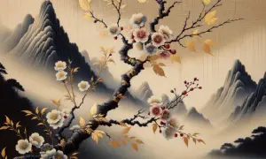 Fleurs délicates et montagnes brumeuses dans un style évoquant un peintre japonais contemporain abstrait. L'or des feuilles contraste avec le bleu des montagnes.