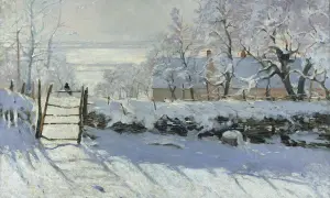 Monet paysage de neige : un petit oiseau noir sur une barrière enneigée, une maison et des arbres couverts de givre.