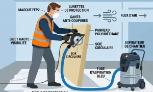 Illustration montrant comment couper du polystyrène avec une scie circulaire, un aspirateur et des équipements de protection.
