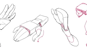 Dessin avec la main, montrant des études anatomiques et des formes géométriques appliquées à la main, avec une touche de couleur rose.