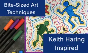 Dessin coloré inspiré par le personnage Keith Haring, avec des formes humaines stylisées et des motifs abstraits.