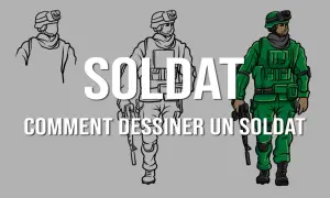 Trois étapes pour un soldat dessin facile : esquisse, croquis détaillé, puis coloriage.