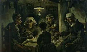 Ce tableau de Van Gogh, "Les Mangeurs de pommes de terre", dépeint une famille paysanne partageant un repas simple à la lueur d'une lampe.