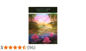 Tableau de Nelly Lestrade, une peinture au couteau huile d'un coucher de soleil sur un étang aux nénuphars roses.