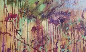 Peinture en relief technique, évoquant une forêt pluvieuse aux couleurs vives et aux textures riches.