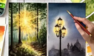 Deux aquarelles : un sentier forestier baigné de soleil et un lampadaire illuminant une ville brumeuse. Beaux paysages à peindre.