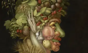 Portrait composé d'une tête humaine formée de fruits, légumes et fleurs, une des célèbres œuvres d'art de Giuseppe Arcimboldo.