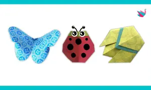 Un papillon bleu, une coccinelle rouge et un insecte jaune, trois créations d'insecte en papier facile.
