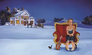 Une femme attend sur un fauteuil rouge, violon à ses côtés, devant une maison enneigée. Œuvre d'un artiste italien contemporain.