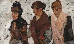 Trois femmes, peintes dans un style expressif rappelant un peintre hollandais contemporain, avancent ensemble sur un fond texturé.