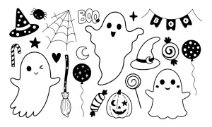 Ensemble d'éléments d'Halloween : fantômes, chapeaux de sorcière, bonbons, citrouille, balai, araignée, toile d'araignée. Parfait pour un dessin à faire soi même.