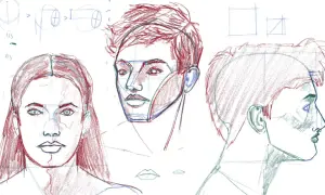 Étude de portrait au fusain : visages masculins et féminins, vues de face et de profil, avec des annotations anatomiques.