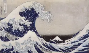 Vague déferlante bleue avec des bateaux et le mont Fuji au loin.