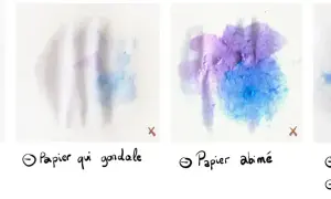 Comparaison de taches d'aquarelle sur différents papiers. Le premier, avec un grammage papier aquarelle idéal, est net. Les autres montrent des défauts.
