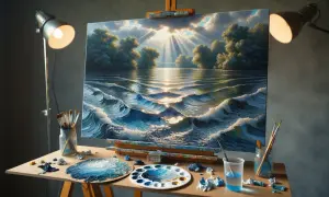 Un artiste s'applique à peindre l'eau et les reflets du soleil sur des vagues tumultueuses, entouré de ses outils.