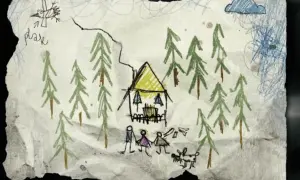 Dessin naïf : signification maison, soleil, arbre. Une famille et un chien devant une maisonnette dans une forêt. Un oiseau vole.