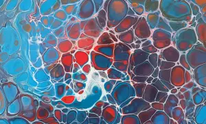 Tableau abstrait aux couleurs vives, bleu, rouge, orange, blanc. Cellules formées par la technique de comment faire de la peinture acrylique fluide.