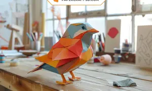 Un oiseau coloré en deco en papier, aux formes géométriques, est posé sur un établi. L'arrière-plan montre un atelier d'artiste.