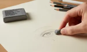 Une main utilise une gomme mie de pain pour estomper un dessin d'œil au crayon.