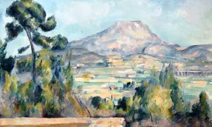 Peinture impressionniste d'un paysage de Provence, avec le Mont Sainte-Victoire en arrière-plan, des pins imposants au premier plan et une vallée verdoyante.