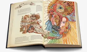 Livre ouvert sur des illustrations détaillées de champignons, de nourriture et d'une tête humaine psychédélique. Format feuille a.