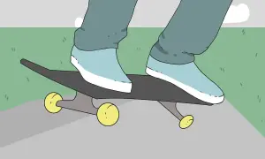 Un dessin skate facile : des jambes en jean bleu et des baskets bleues sur une planche de skate grise avec des roues jaunes, sur un trottoir gris et de l'herbe verte.