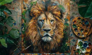 Portrait saisissant d'un lion, œuvre d'un peintre animalier contemporain. Palette et plantes vertes entourent la toile.