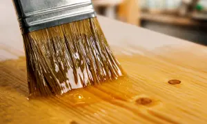 Un pinceau applique du vernis sur une planche de bois. Le vernis brillant reflète la lumière. Quel pinceau pour vernis bois ?
