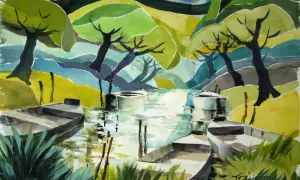 Vue d'un paysage fluvial stylisé, avec des bateaux amarrés. L'œuvre évoque un peintre paysagiste contemporain par ses formes géométriques et ses couleurs vives.