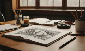 Un carnet ouvert présente un portrait au crayon d'une jeune femme. Des crayons et d'autres fournitures d'art sont disposés sur la table, suggérant le choix du **quel papier pour dessiner au crayon**.