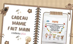 Cadeau pour mamie à fabriquer facile : un coussin personnalisé avec des dessins d'enfants et un poème tendre.