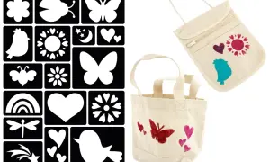 Ensemble de pochoirs pour décorer sacs et pochettes. Apprenez comment faire un pochoir pour créer des motifs personnalisés : papillons, oiseaux, cœurs, etc.