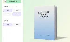 Maquette livre 3D avec options d'exportation JPG, PNG, 2K, 4K et vidéo.