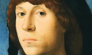 Portrait d'un jeune homme aux cheveux bruns bouclés, œuvre d'un peintre connu. Son regard est intense, le fond bleu et noir accentue son visage.