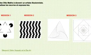 Trois œuvres d'art géométrique : une illusion d'optique avec des formes, un damier déformé et des carrés imbriqués.