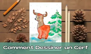 Un dessin de cerf de Noël, avec des crayons et des pommes de pin, sur un fond de bois.