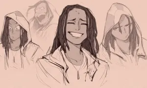 Un dessin facile de personnages montrant quatre expressions d'une personne aux dreadlocks, passant de la surprise à la joie intense, puis à la tristesse.