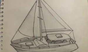 Un dessin au crayon d'un voilier avec ses voiles gonflées par le vent, prêt à naviguer.