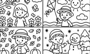 Un dessin 4 saisons facile : une fille au printemps, un garçon en été avec un cerf-volant, un autre garçon en automne avec des feuilles, et un dernier en hiver avec un bonhomme de neige.